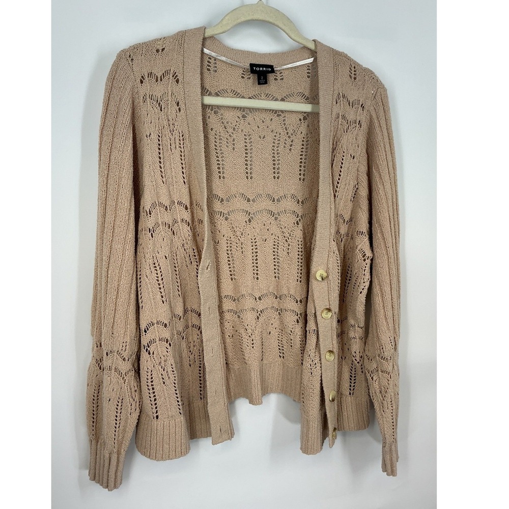 Torrid Size 2 Tan Pointelle Knit Cardigan Sweater Button Cottagecore Grannycore - Picture 6 of 11